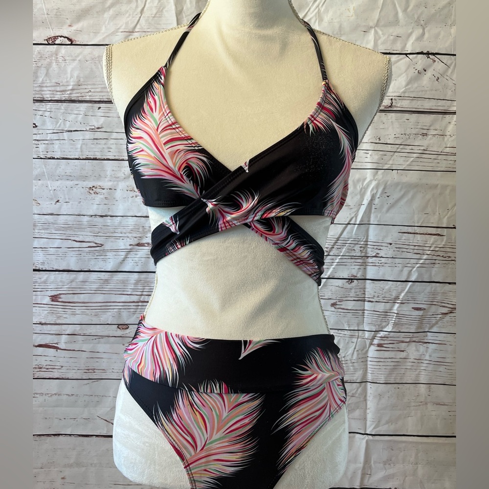 Size S Small wrap around swimsuit bikini set Colorful Feathers on black pattern